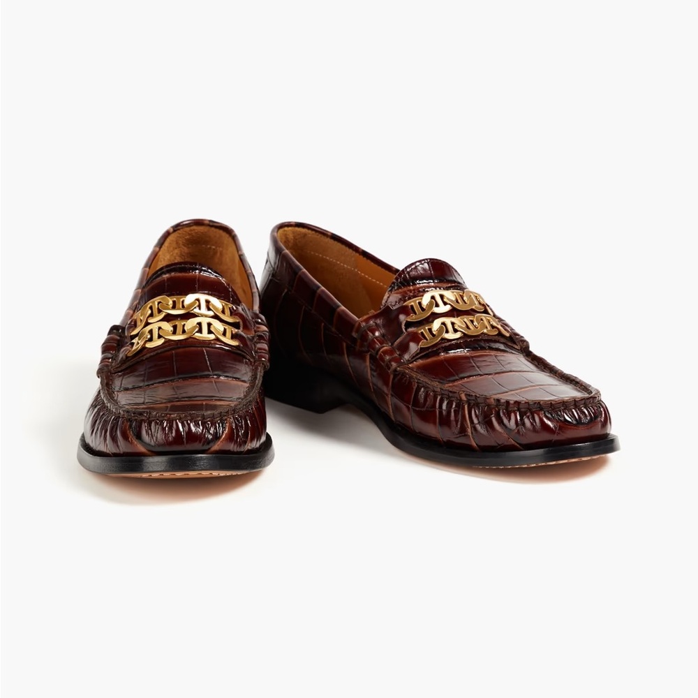 Sandro Croc-Embossed Loafers with Chain Detail